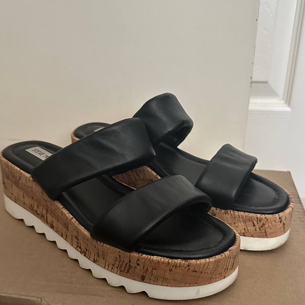 Steve Madden Black Double-Band Cork Platform Sandals